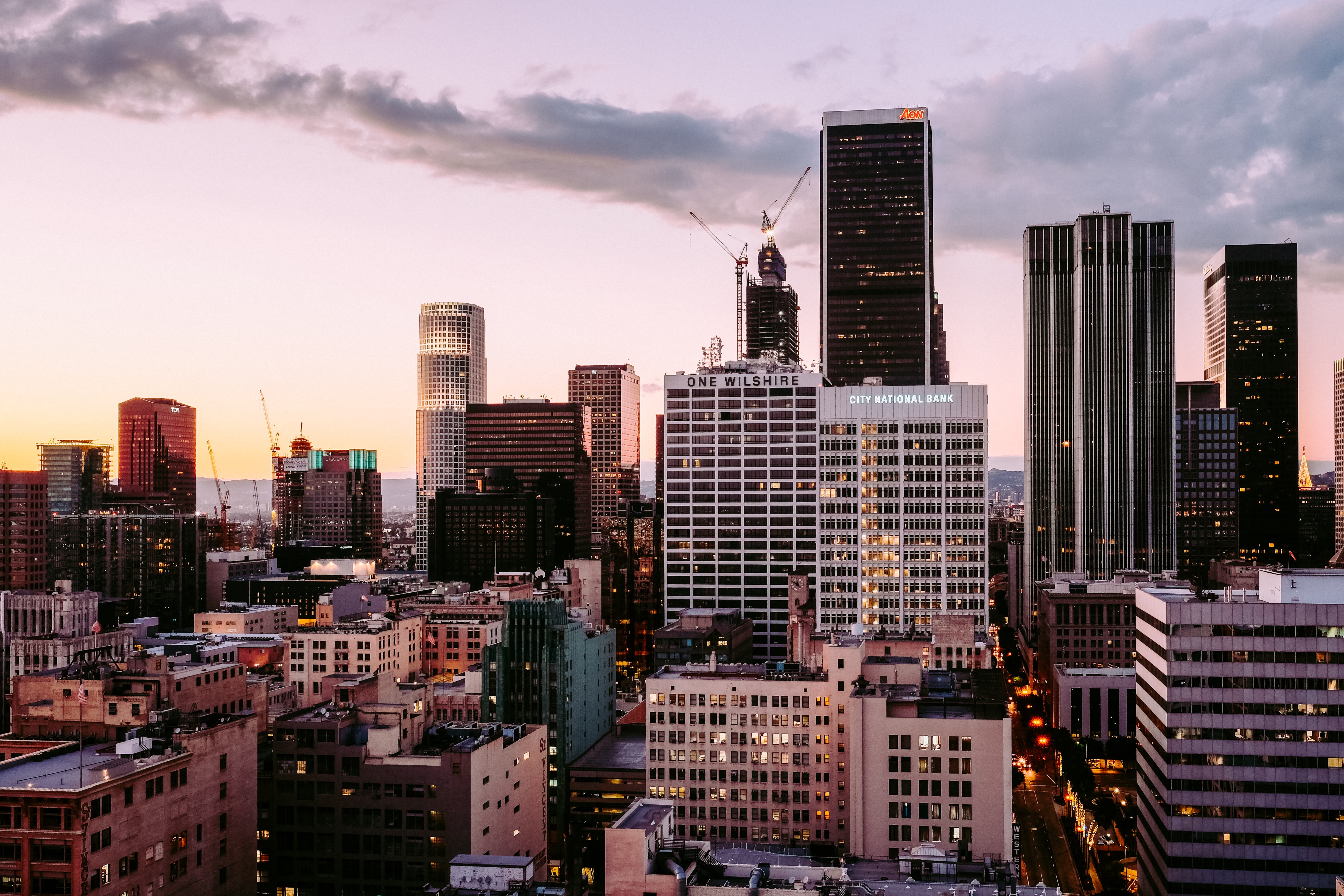 Picture of high rise buildings in downtown Los Angeles during sunset